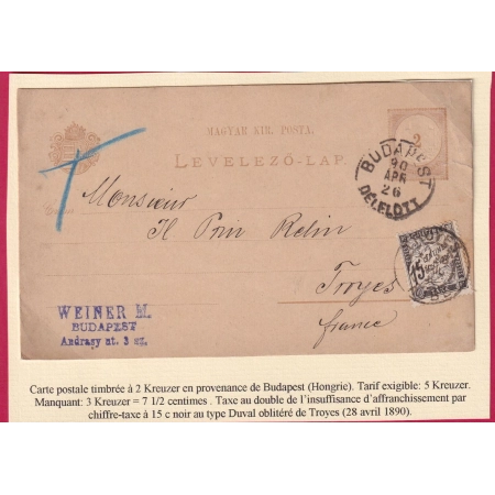 ENTIER  2 KREUTZER BUDAPEST HONGRIE 1890 TAXE 15C NOIR DUVAL TROYES AUBE FRANCE