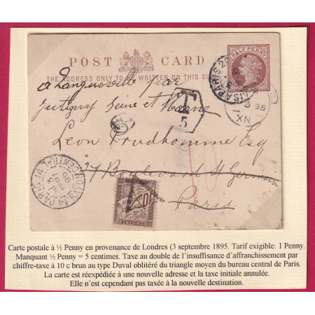 ENTIER REPIQUE ANGLETERRE LONDON 1895 TAXE 10C MARRON PARIS 14 RAYON CENTRAL 14 TAXE ANNULE REEXP LONGUEVILLE SEINE
