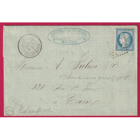 N°60 PIQUAGE DECALE GC 3455 SOURDEVAL MANCHE BOITE RURALE SUPPLEMENTAIRE A/2 BEAUFICEL POUR CAEN CALVADOS