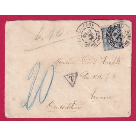 N°90 ROUEN GARE SEINE INFERIEURE TAXE 20 AU CRAYON BLEU POUR HANNOVER HANOVRE ALLEMAGNE