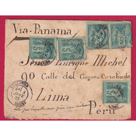 N°75 X5 BESANCON DOUBS POUR LIMA PEROU VIA PANAMA 1883 SIGNE BRUN