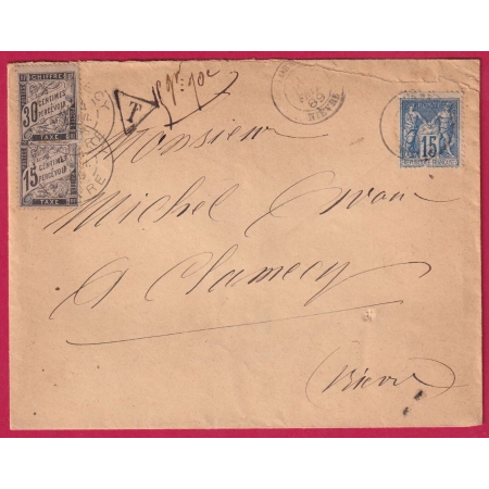 N°90 LORMES NIEVRE TAXE A 45C 15C + 30C NOIR CLAMECY NIEVRE 1889