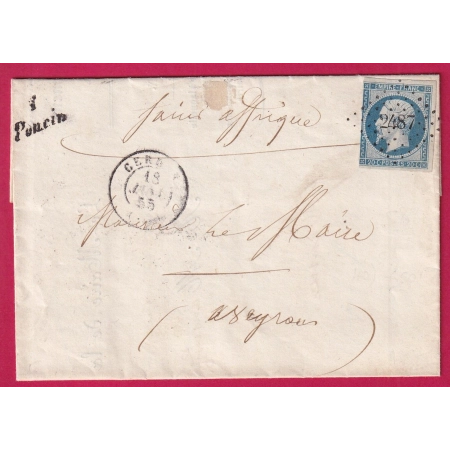 N°14 PC 2487 + CURSIVE DE PONCIN AIN 1855 POUR ST AFFRIQUE AVEYRON