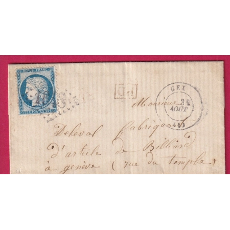N°60 TARIF FRONTALIER GEX AIN POUR GENEVE 1874