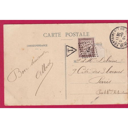 TAXE 10C MARRON DUVAL OBLITERATION ANCRE CARTE POSTALE NON TIMBREE DE FONTAINEBLEAU SEINE ET MARNE 1901 POUR PARIS