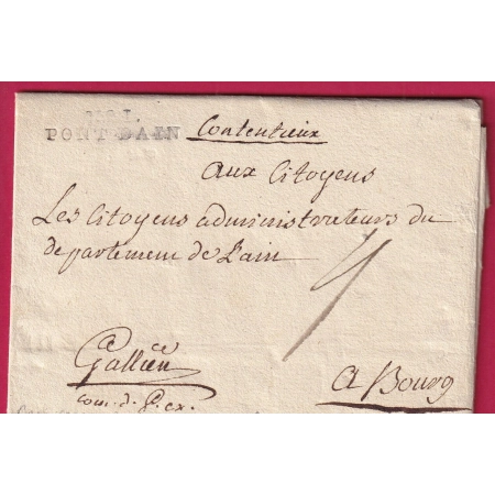 MARQUE N°1 PONT D'AIN FRANCHISE LE COMMISSAIRE DU POUVOIR EXECUTIF GALLIEN AN6 1798 POUR BOURG EN BRESSE RARE