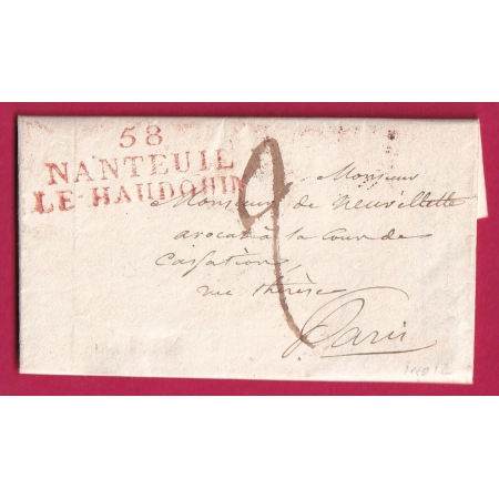 MARQUE 58 NANTEUIL LE HAUDOUIN OISE 1826 EN ROUGE 43X16 INDICE 12 POUR PARIS