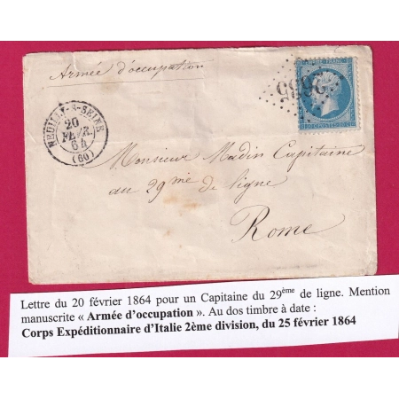 ARMEE ITALIE N°22 GC 2635 NEUILLY SUR SEINE POUR ROME ITALIE MENTION ARMEE OCCUPATION AU DOS CORPS EXPEDITIONNAIRE ITAL.
