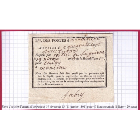 ARTICLE ARGENT AMBERIEUX AIN AN 13 1805 POUR 47 LIVRES TOURNOIS