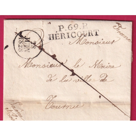 MARQUE P69P HERICOURT HAUTE SAONE 1828 POUR TOURNUS SAONE ET LOIRE INDICE 19