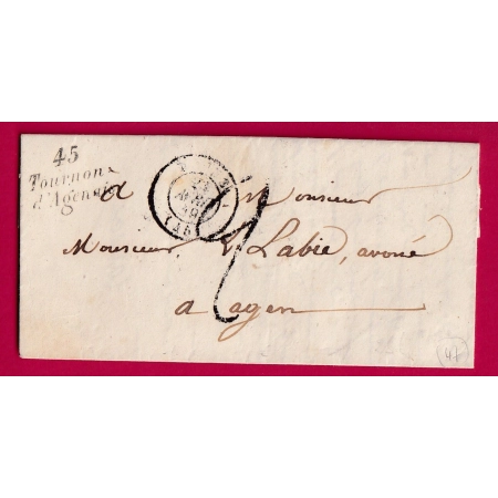 CURSIVE 45 TOURNON D'AGENAIS LOT ET GARONNE 1849 TAXE TAMPON 2 POUR AGEN INDICE 10