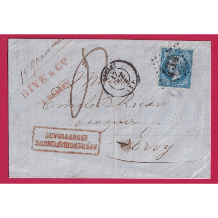 N°22 GC 434 BELLEY AIN TAXE MANUSCRIT 4 AFFRANCHISSEMENT INSUFFISANT MENTION POIDS 10 GRAMMES ERVY AUDE