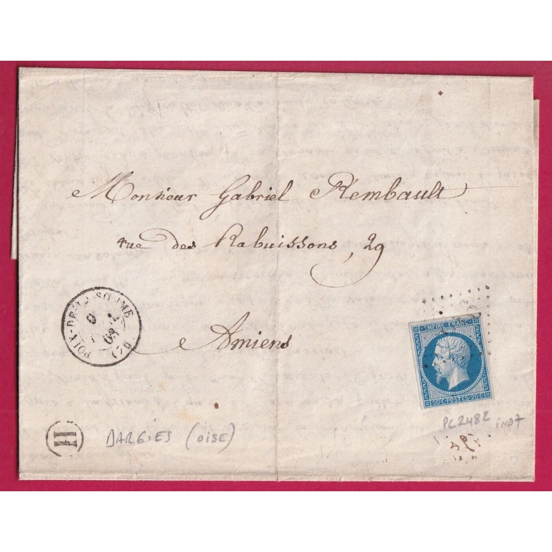 N°14 PC 2482 POIX DE LA SOMME BOITE RURALE H DARGIES OISE POUR AMIENS