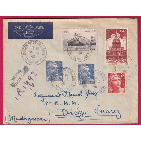 RECOMMANDE PROVISOIRE ROUEN QUARTIER GARE 1946 POUR DIEGO SUAREZ MADAGASCAR GANDON SURTAXE