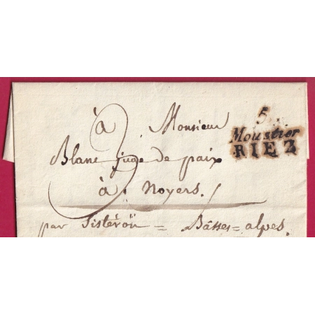 DOUBLE CURSIVE 5 MOUSTIER RIEZ BASSES ALPES INDICE 19 1820 POUR NOYERS VIA SISTERON