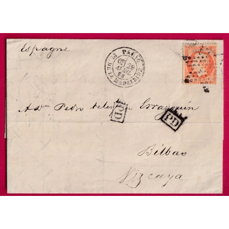 N°31 PARIS ETOILE 3 PARIS PL DE LA MADELEINE POUR BILBAO ESPAGNE 1869