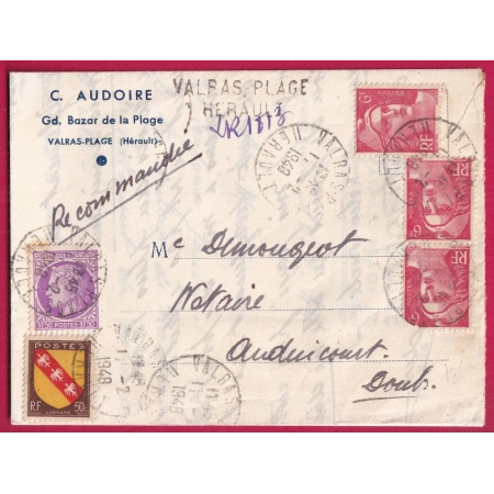 RECOMMANDE PROVISOIRE VALRAS PLAGE HERAULT POUR AUDINCOURT 1948 GANDON MAZELIN