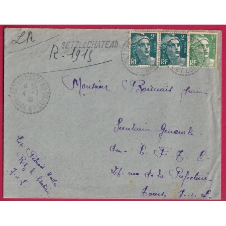 RECOMMANDE PROVISOIRE BETZ LE CHATEAU INDRE ET LOIRE CACHET PERLE POUR TOURS 1946