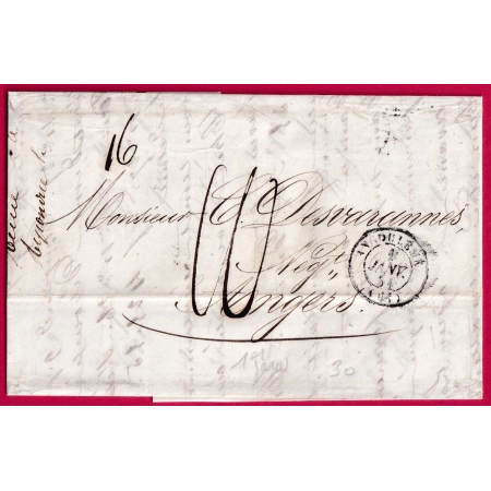1 JANVIER 1851 CAD TYPE 15 ANGOULEME CHARENTE TRIPLE PORT POUR ANGERS MAINE ET LOIRE MENTION POIDS 16 GRAMMES