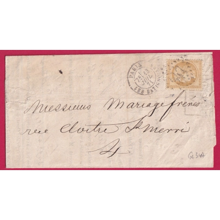 N°36 GC 347 PARIS LES BATIGNOLLES 13 JUILLET 1871 POUR PARIS CACHET GARE BATIGNOLLES ENTREPOT DANS TEXTE