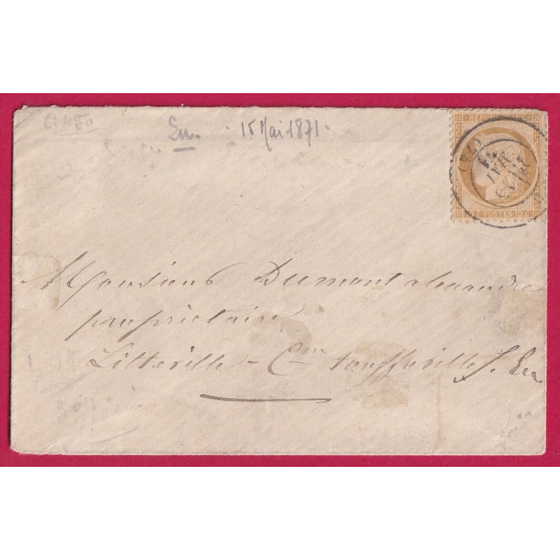 N°36 CAD EU SEINE INFERIEURE 15 MAI 1871 POUR LITTEVILLE COMMUNE DE TOUFFREVILLE SUR EU