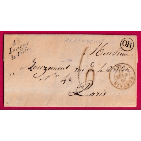 CURSIVE 48 JUVIGNY LE TERTRE MANCHE TAXE TAMPON 6 OR DE REFFUVEILLE 1847 POUR PARIS