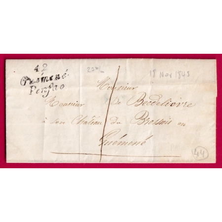 CURSIVE 42 GUEMENE PENFAO LOIRE INFERIEURE 27MM 1845 INDICE 12 TAXE LOCALE 1 POUR GUEMENE