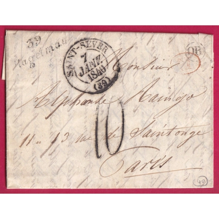 CURSIVE 39 HAGETMAU LANDES OR + DECIME RURALE A IDENTIFIER TAXE TAMPON 10 POUR PARIS