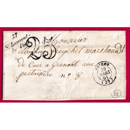 CURSIVE 37 ST LAURENT DU PONT 1851 CAD TYPE 15 VOIRON POUR GRENOBLE INDICE 10