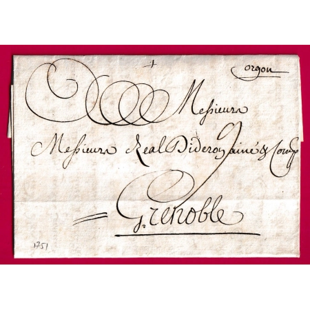 MARQUE MANUSCRIT ORGON BOUCHES DU RHONE 1751 POUR GRENOBLE ISERE INDICE 13