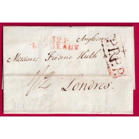 MARQUE P32P BORDEAUX EN ROUGE GIRONDE POUR LONDRES ANGLETERRE 1819 TEXTE ESPAGNE PPPP PAR PARIS