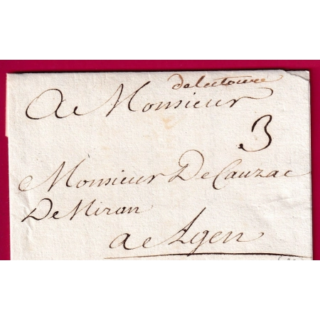 MARQUE MANUSCRIT DE LECTOURE GERS 1730 POUR AGEN LOT ET GARONNE INDICE 17 LENAIN N°1 LETTRE COVER FRANCE