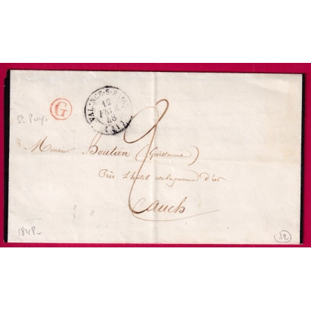 CAD TYPE 15 VALENCE SUR BLAISE GERS BOITE RURALE G EN ROUGE  ST PUY POUR AUCH 1848 LETTRE COVER FRANCE