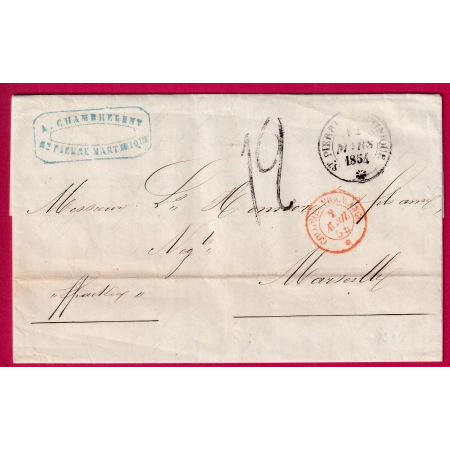 LETTRE DE ST PIERRE MARTINIQUE 1854 CACHET ENTREE COLONIE FRA VAPEUR ANGLAIS MARSEILLE TAXE 12 1854 LETTRE COVER FRANCE