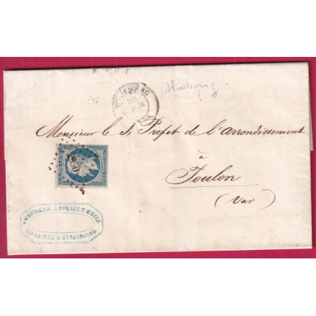 N°10 TTB PC 2950 STRASBOURG BAS RHIN POUR TOULOU VAR 1853 LETTRE COVER FRANCE
