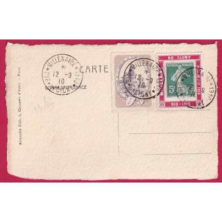 PORTE TIMBRE SEMEUSE MILLENAIRE DE CLUNY SAONE ET LOIRE + VIGNETTE BISTRE 1910
