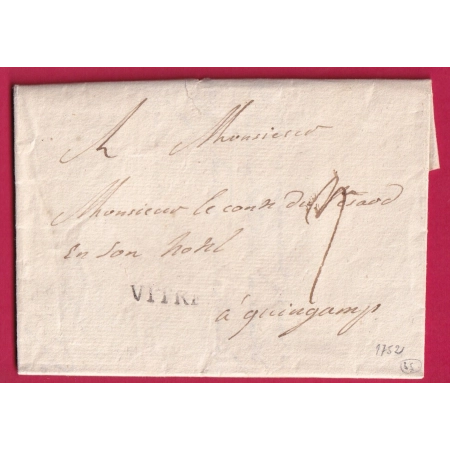 MARQUE VITRE ILLE ET VILAINE LENAIN N°2 1752 INDICE 15 POUR GUINGAMP COTES DU NORD LETTRE COVER FANCE