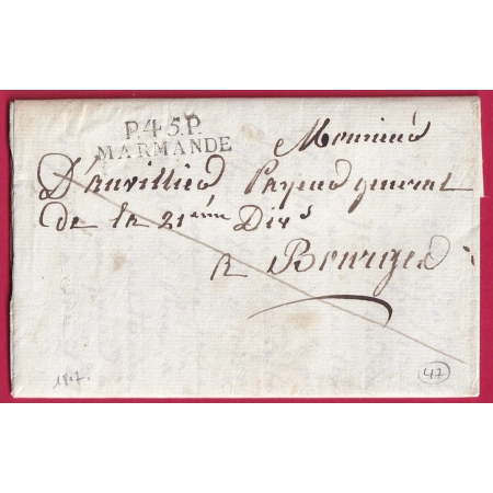 MARQUE P45P MARMANDE LOT ET GARONNE 1807 INDICE 10 LETTRE COVER FRANCE