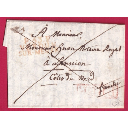 MARQUE P53P VERDUN SUR MEUSE EN ROUGE 1821 INDICE 12 POUR LANNION COTES DU NORD LETTRE COVER FRANCE