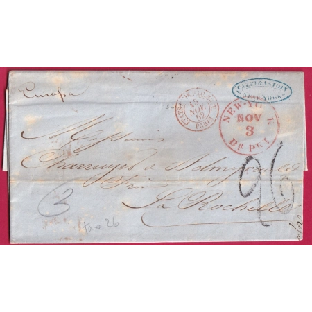 LETTRE DE NEW YORK USA 1852 TAXE TAMPON 26 TRIPLE PORT ? LA ROCHELLE STEAMER EUROPA COVER FRANCE ETATS UNIS