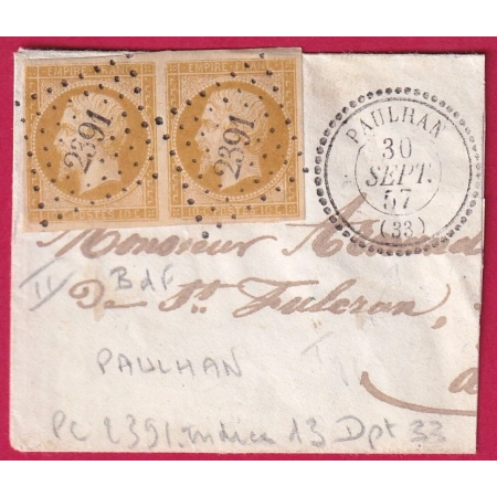 N°13 PAIRE PC 2391 PAULHAN HERAULT CAD TYPE 22 FRAGMENT DE LETTRE