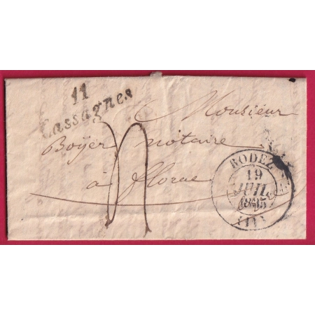 CURSIVE 11 CASSAGNES AVEYRON T13 RODEZ 1835 POUR FLORAC LOZERE INDICE 10 LETTRE COVER FRANCE