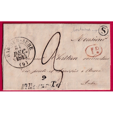 CURSIVE 9 VILLE SUR TERRE AUBE BOITE RURALE S SOULAINES 1844 DECIME RURALE INDICE 12 POUR AUXON LETTRE COVER FRANCE