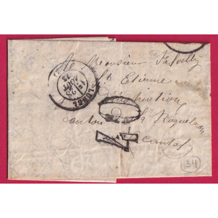 TAXE 40 FABRICATION LOCALE LUNEL HERAULT POUR AURILLAC CANTAL 1873 LETTRE COVER FRANCE