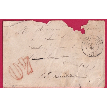 TAXE 40 EN ROUGE MONTPELLIER HERAULT POUR AURILLAC CANTAL 1873 LETTRE COVER FRANCE