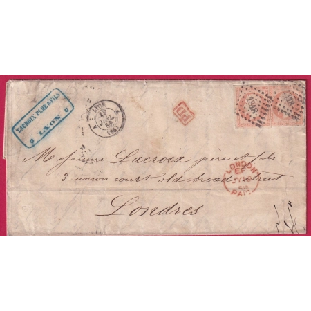 N°16 x2 PC 1818 LYON A 68 A  POUR LONDRES ANGLETERRE LETTRE COVER FRANCE