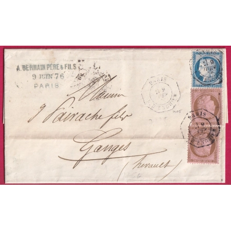 N°60 54 X2 LEVEE EXCEPTIONNELLE PARIS R D'ENGHIEN LEVEE 1E POUR GANGES HERAULT 1876 LETTRE COVER FRANCE