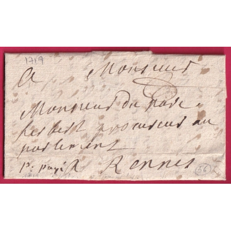MARQUE MANUSCRIT PORT PAYE TEXTE CHATEAU DE TAFOLY MORBIHAN POUR RENNES ILLE ET VILAINE 1719 LETTRE COVER FRANCE