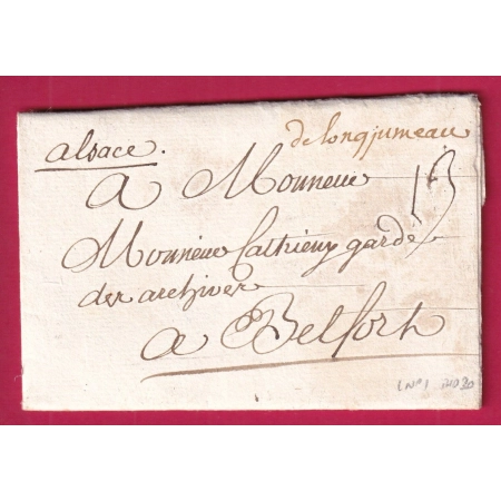 MARQUE MANUSCRIT DE LONGJUMEAU SEINE ET OISE 1738 BELFORT INDICE 20 SIGNE LA DUCHESSE MAZARIN CHATEAU DE CHILLY MAZARIN
