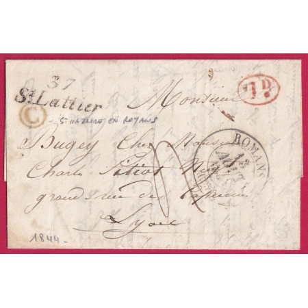 CURSIVE 37 ST LATTIER ISERE 1844 BOITE RURALE C ROUGE ST NAZAIRE EN ROYAN T13 ROMANS DROME POUR LYON DECIME RURAL LETTRE